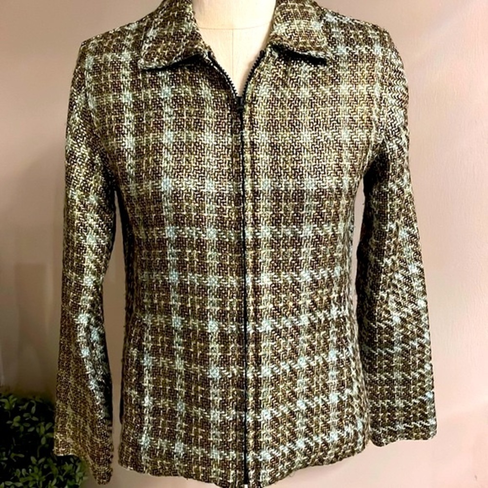 CHICO’S shimmer Tweed zip up blazer jacket collared pockets lined SM Chico 0